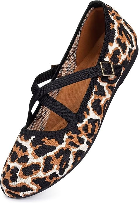 Frank Mully Women's Mary Jane Flats Knit Ballet Criss Cross Ankle Strap Flat Shoes | Amazon (US)