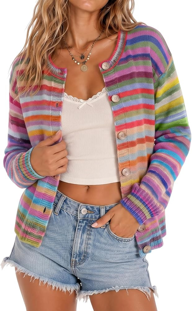 utcoco Women's Cute Rainbow Striped Button Down Knit Cardigan Sweaters | Amazon (US)
