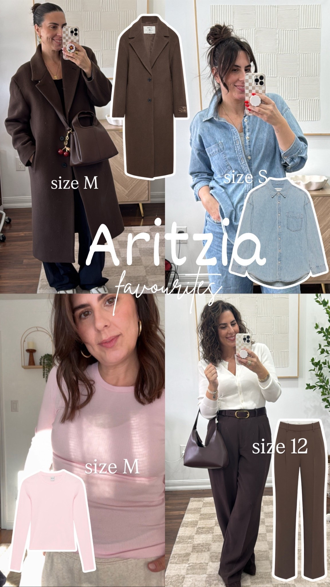 Aritzia ride or dies. 

Jacket - M
denim - S
long sleeve - M
effortless - 12/regular 