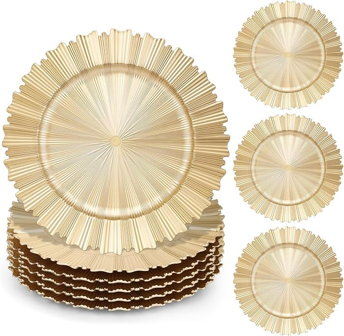 6 Pcs Gold Charger Plates,13 Inch Elegant Fluted Edge Plastic Charger Plates Reusable Table Charg... | Amazon (US)