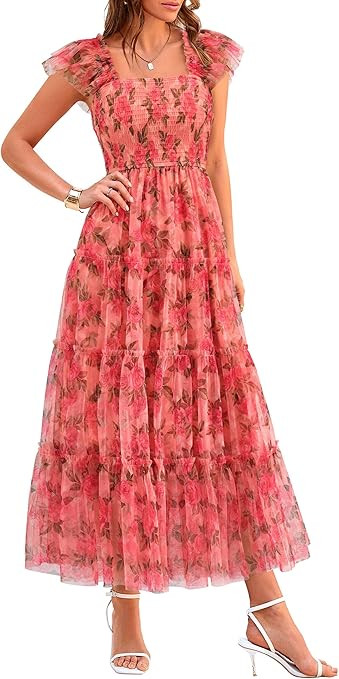 PRETTYGARDEN Women's Summer Tulle Midi Dress Sleeveless Smocked Ruffle Flowy Mesh Dresses Party W... | Amazon (US)