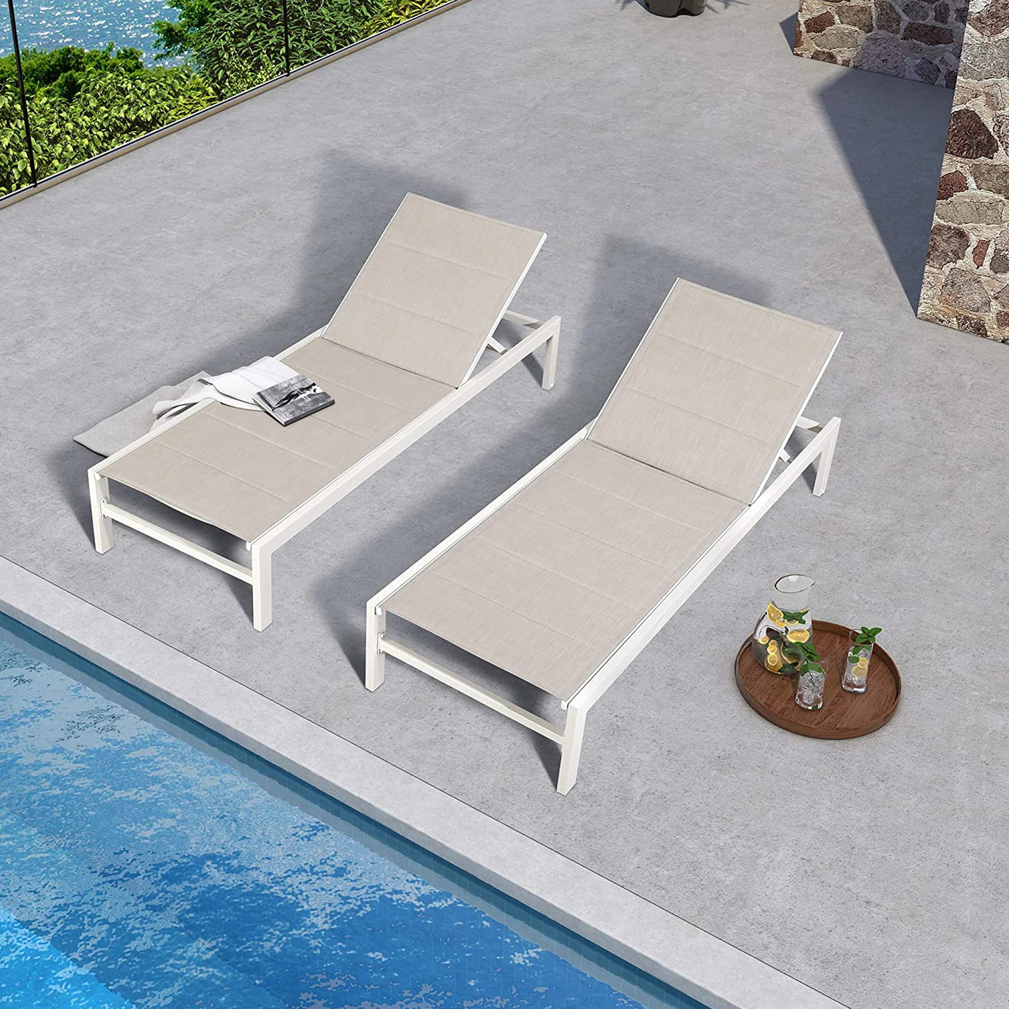 PEAK HOME FURNISHINGS Patio Chaise Lounge Set of 2 white Aluminum Frame Stationary Chaise Lounge Chair with Beige Sling Seat | 580043D | Lowe's