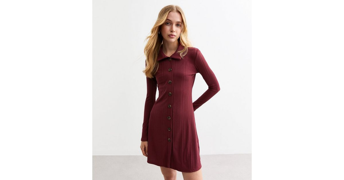 Burgundy Ribbed Jersey Mini Shirt Dress | New Look | New Look (UK)