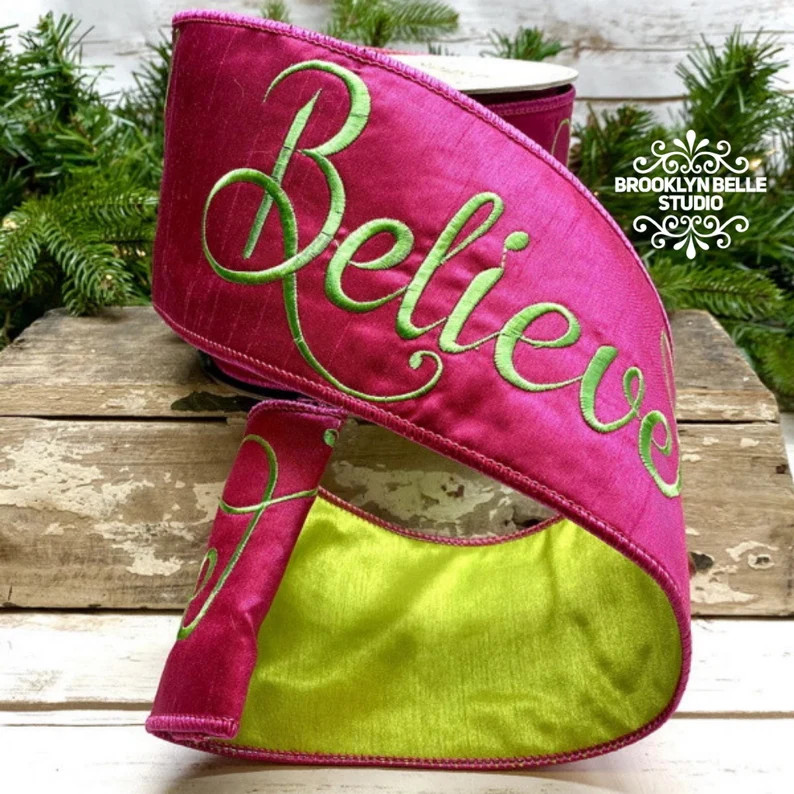 Pink Believe Ribbon • Pink and Green Embroidery Ribbon • Pink Christmas Ribbon • 10 yards x... | Etsy (US)