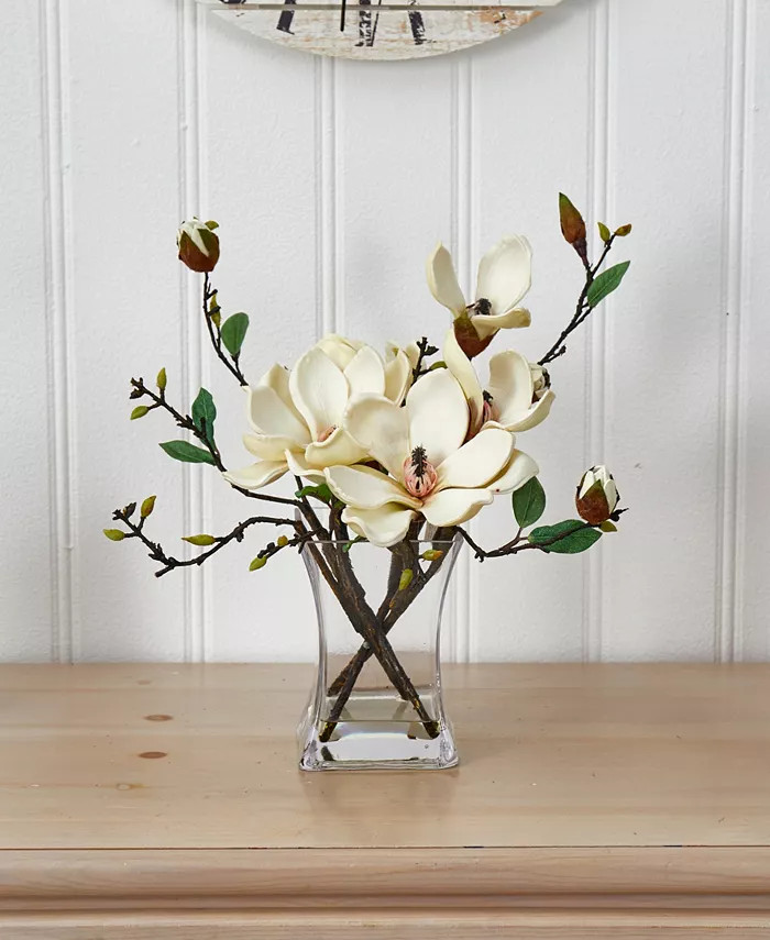 Nearly Natural Magnolia Arrangement with Vase & Reviews - Artificial Plants - Home Decor - Macy's | Macys (US)