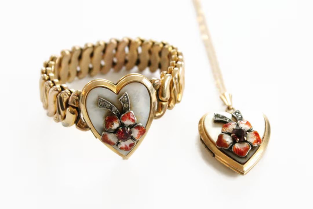 Vintage Locket Expansion Bracelet and Necklace Set Pansy Enamel Floral Gold Filled Retro Circa 19... | Etsy (US)