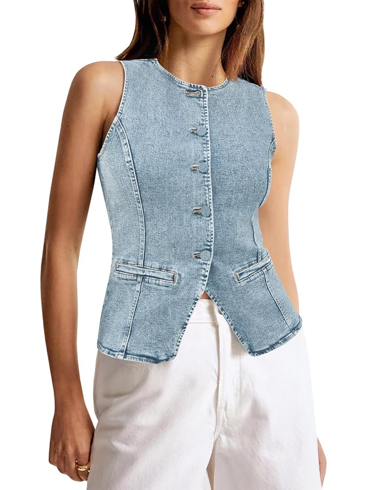 Tankaneo Womens Button Down Denim Vest Tops Sleeveless Fitted Jean Tank Tops Summer Trendy Casual... | Amazon (US)