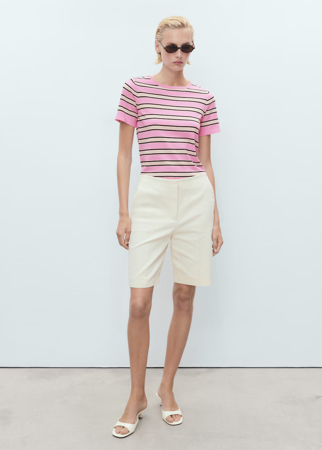 Short-sleeved sweater with combined stripes pastel pink - Woman - M - MANGO | Mango (US/MX/AU)