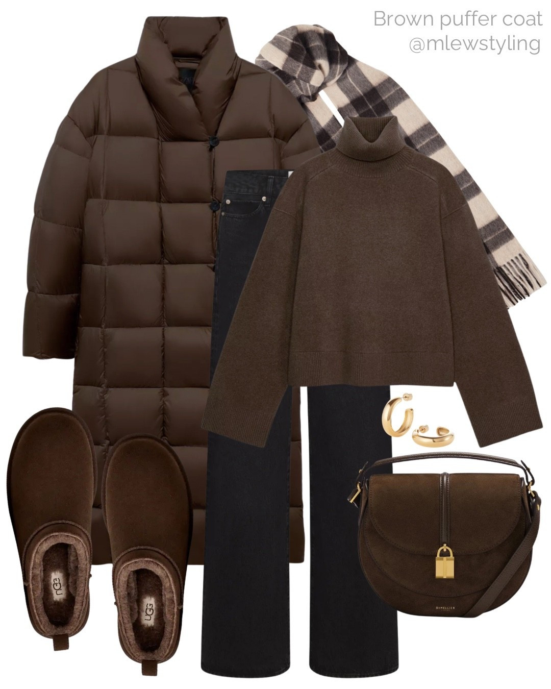 Brown puffer coat outfit 🤎🐻

Tags: cold weather look, winter outfit, down puffer,  down turtleneck sweater, frame denim, straight leg jeans, classic micro dusted cocoa Uggs, winter boots DeMellier brown suede bag, gold hoop earrings, saint Laurent checkered scarf 

#LTKSeasonal #LTKootd #LTKHoliday