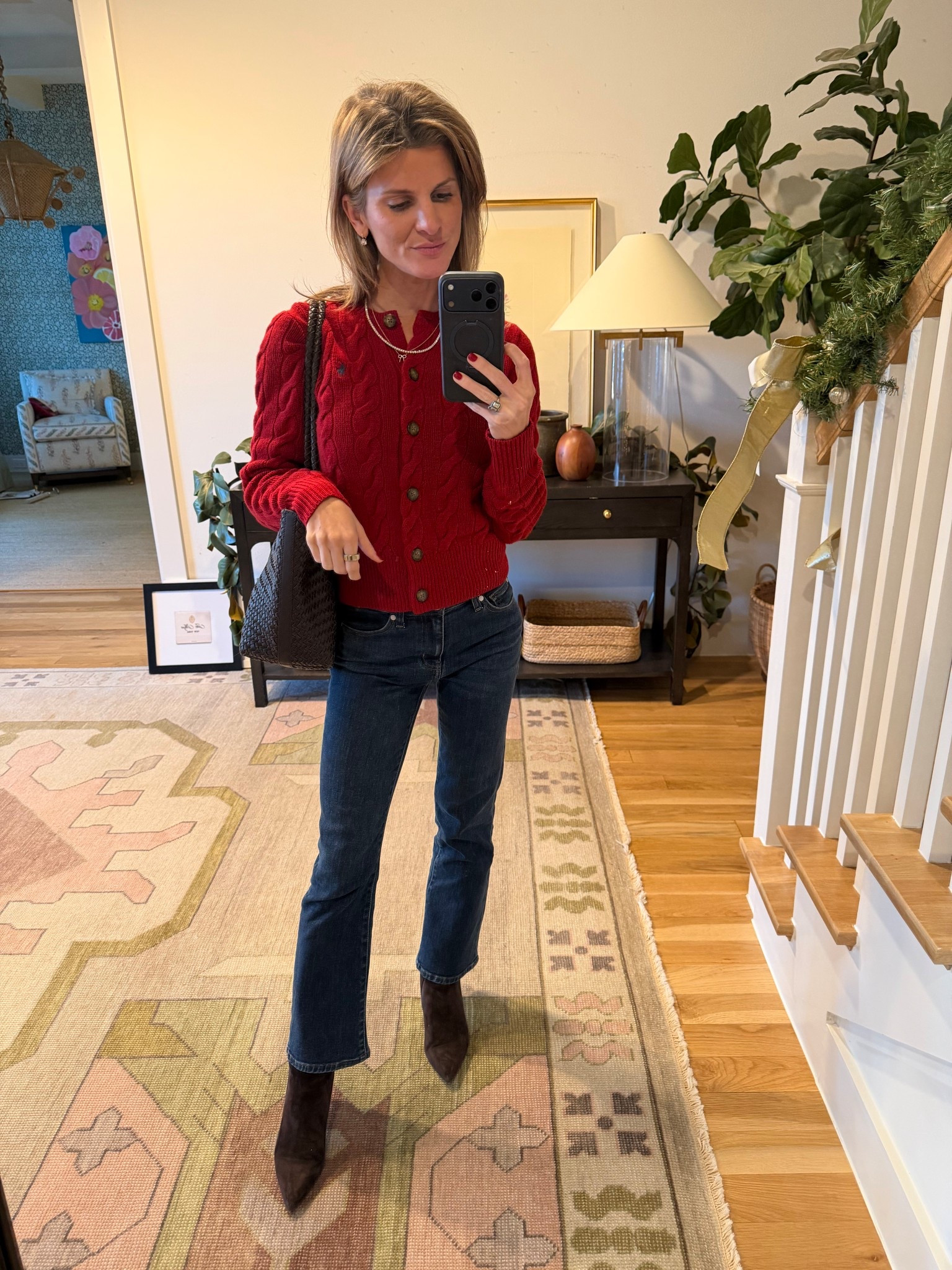 Ralph Lauren red cable cardigan and quince kick flare jeans 