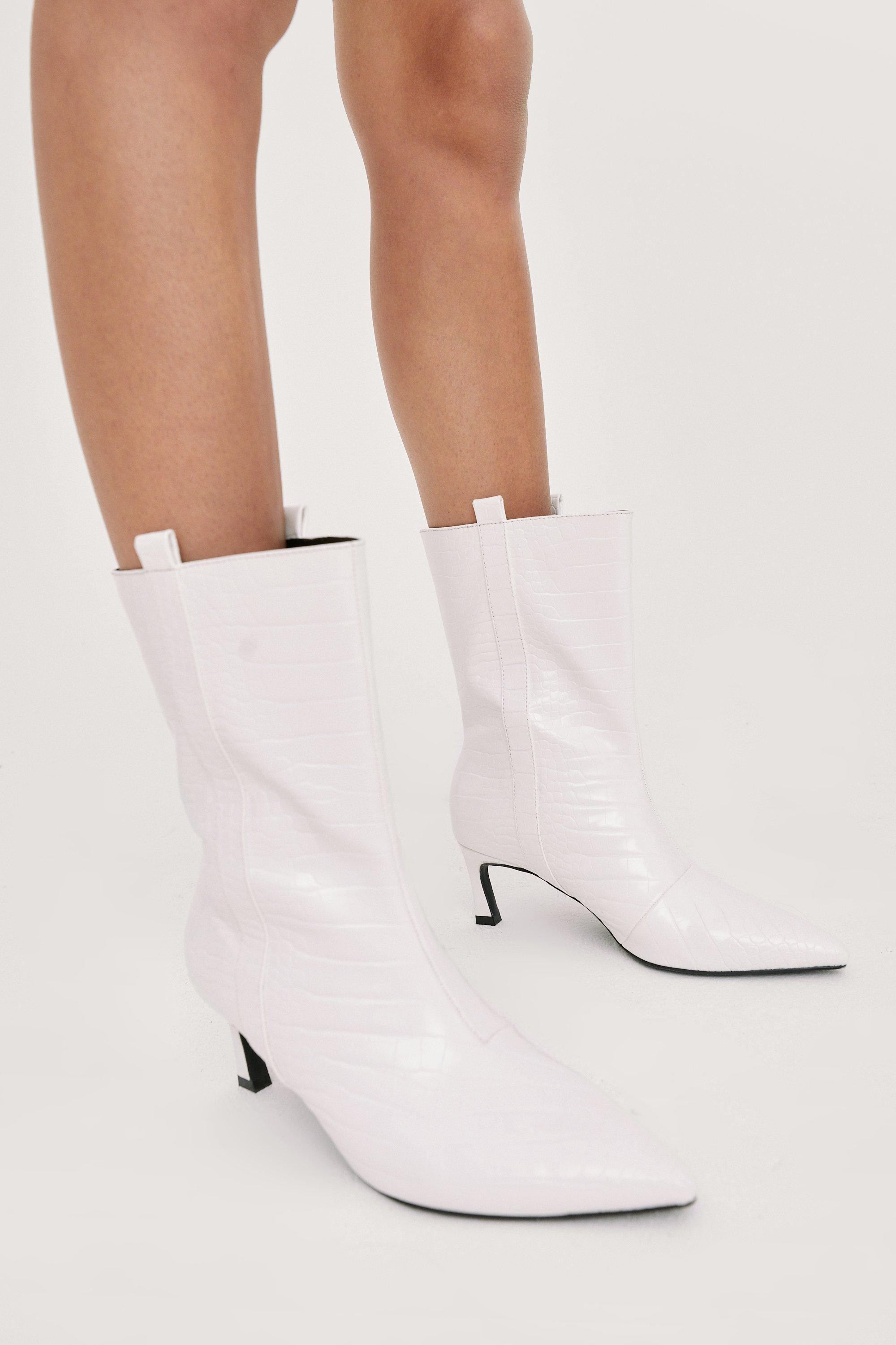 Womens Faux Leather Croc Pointed Stiletto Boots - White - 5 | Nasty Gal (US)