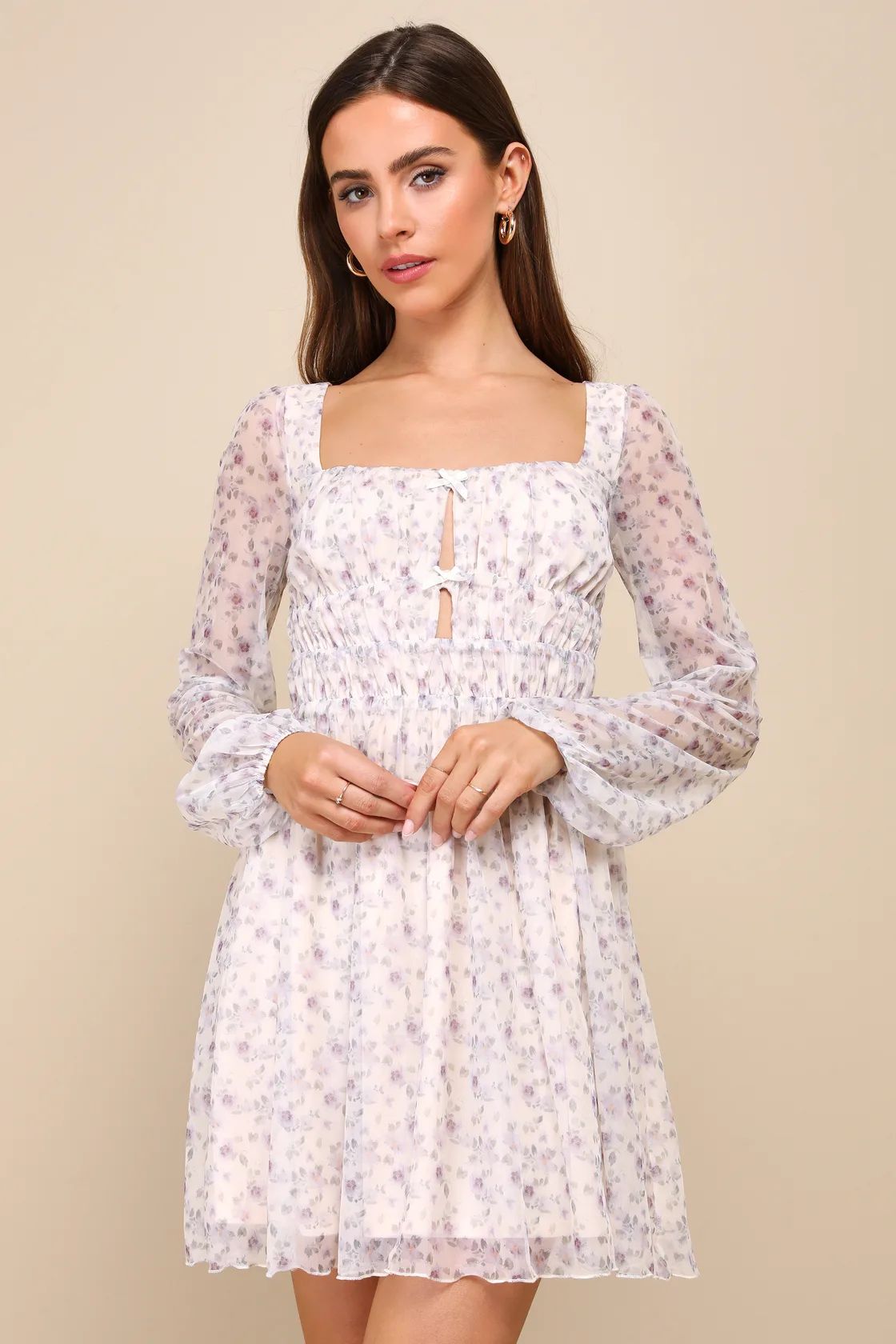 Darling Crush Ivory Floral Mesh Balloon Sleeve Mini Dress | Lulus
