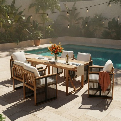 Christopher Knight Home Nori Modern 7 Piece Outdoor Acacia Wood Dining Set with Handwoven Cord, Black | Target