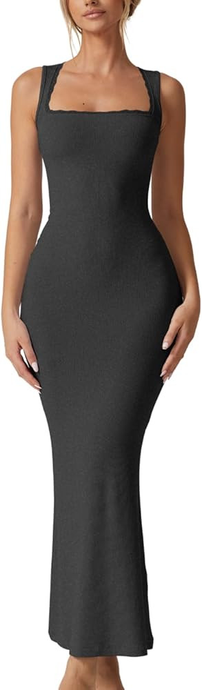 QINSEN Women's Square Neck with Lace Detail Long Maxi Dress Sleeveless Lounge Ribbed Full Length ... | Amazon (US)