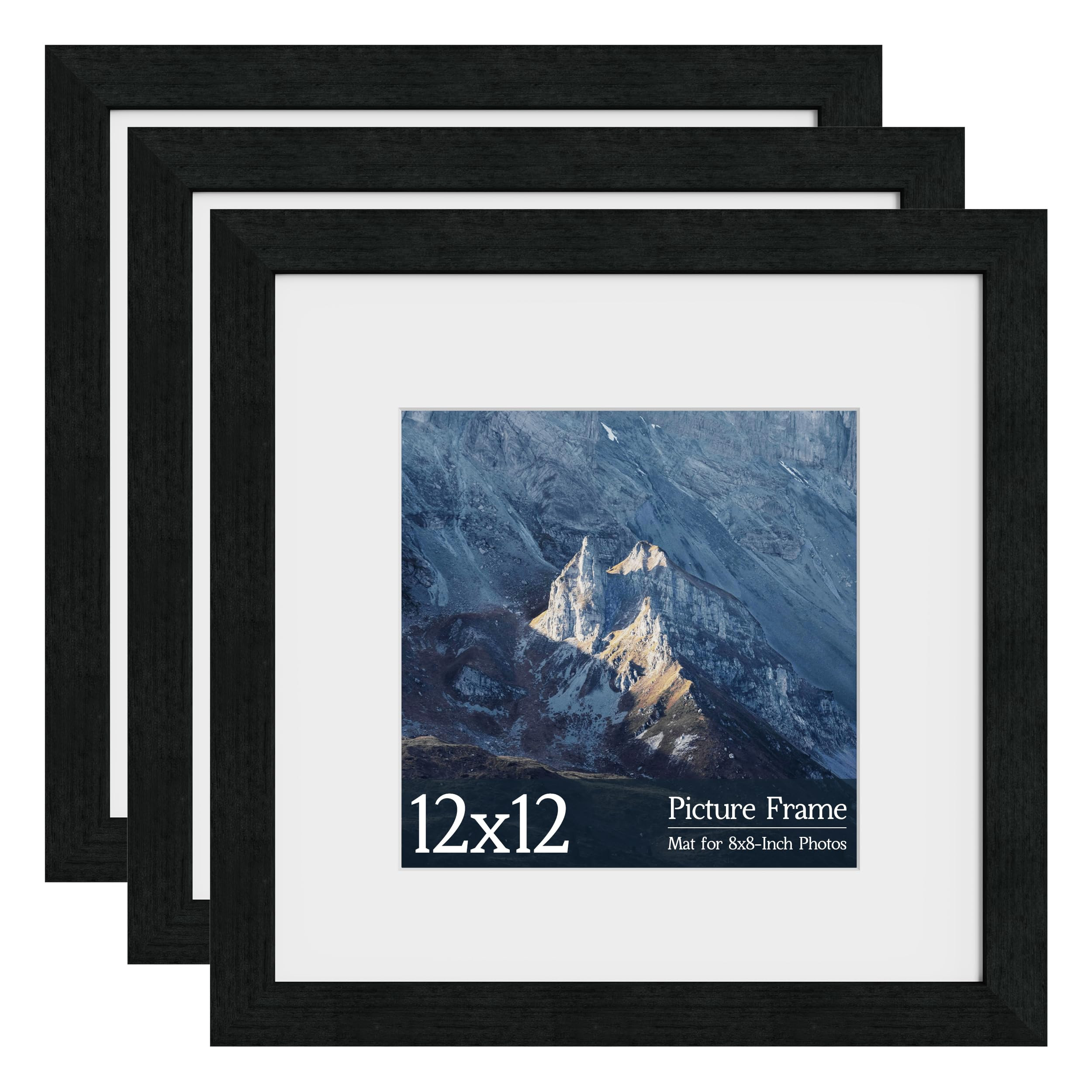 12x12 Square Picture Frame 3 Pack, Black Solid Wood Grain, Displays 8x8 with Mat or 12x12 Without... | Amazon (US)