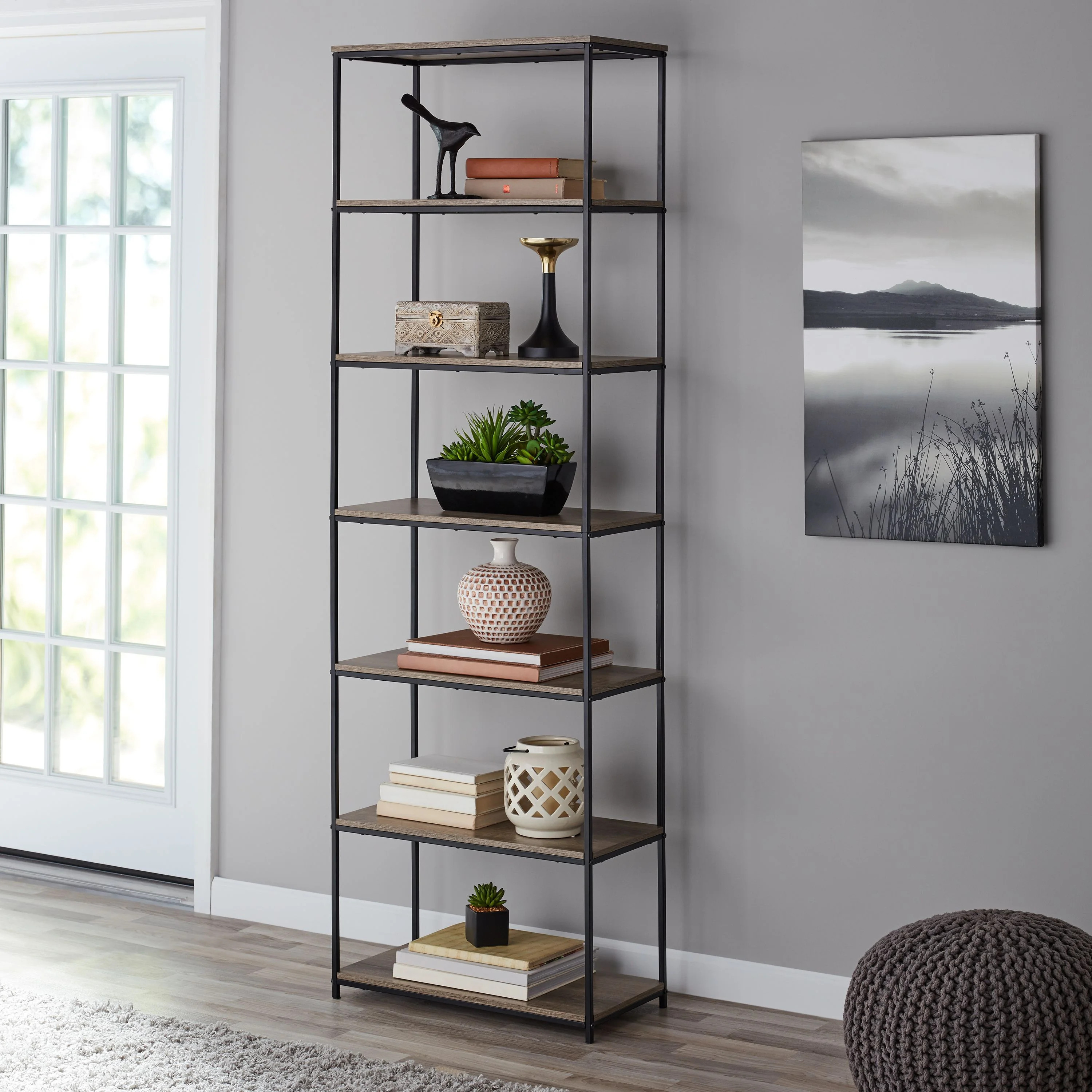 Mainstays Metal Frame 6 Shelf Bookcase, Brown/Black | Walmart (US)