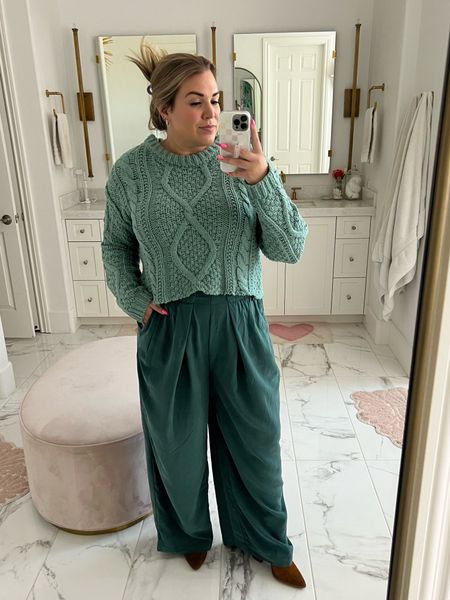 curvy fall look from the Nordstrom Anniversary Sale! wearing size large in cable knit cropped sweater (true to size) and xl in teal wide leg pants (i sized up for bump! waist is elastic)  

#LTKxNSale #LTKcurves #LTKunder100