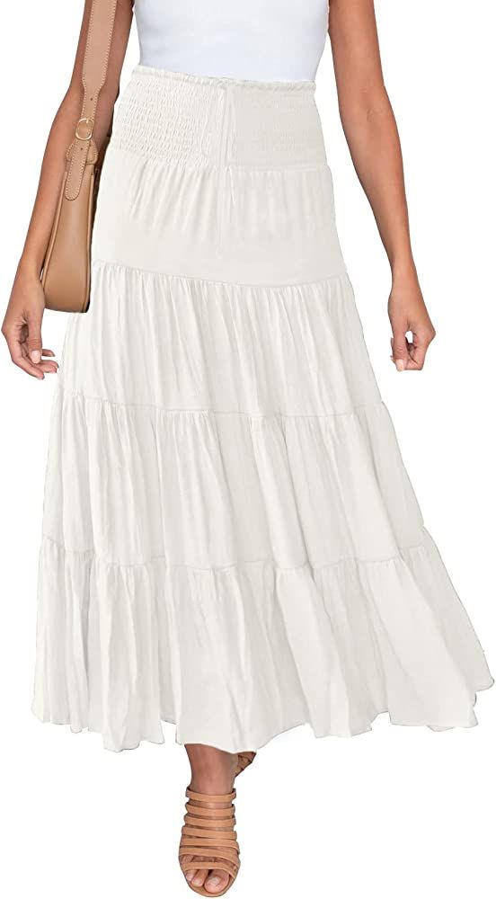 HAEOF Women's Summer Elastic High Waist Boho Maxi Skirt Casual Drawstring A Line Flowy Swing Long... | Amazon (US)