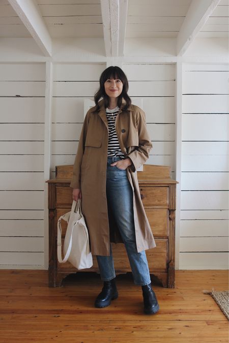 Fall Outfit - Trench coat, striped tee, classic jeans and chunky boots. 

Boots are The Cortina (shearling lined) by Maguire. 

#LTKSeasonal