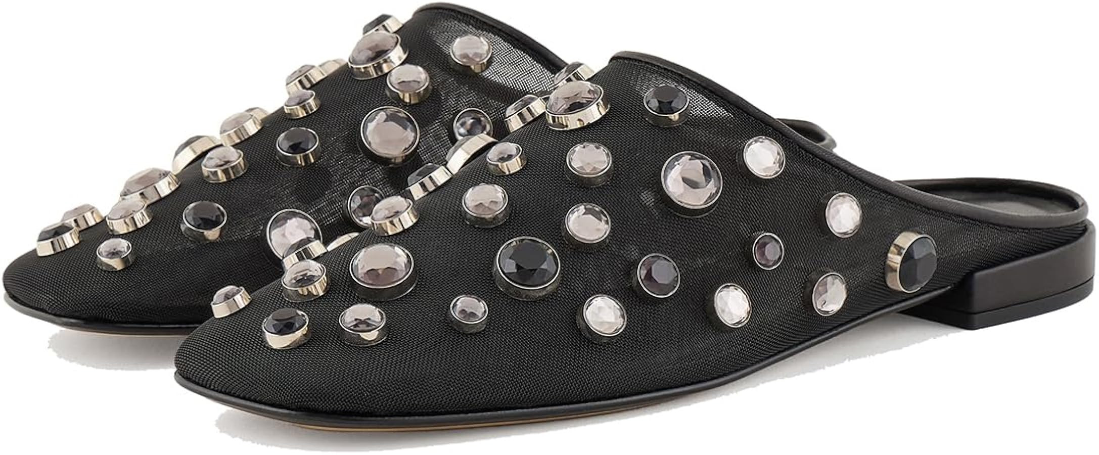 Rhinestone Fine Mesh Mules For Women Slip On Closed Square Toe Crystal Flats Casual Comfort Dress... | Amazon (US)