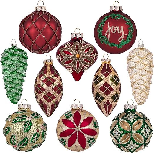 Valery Madelyn Glass Christmas Ornaments Set, 10ct Red Green and Gold Hanging Ornaments for Chris... | Amazon (US)