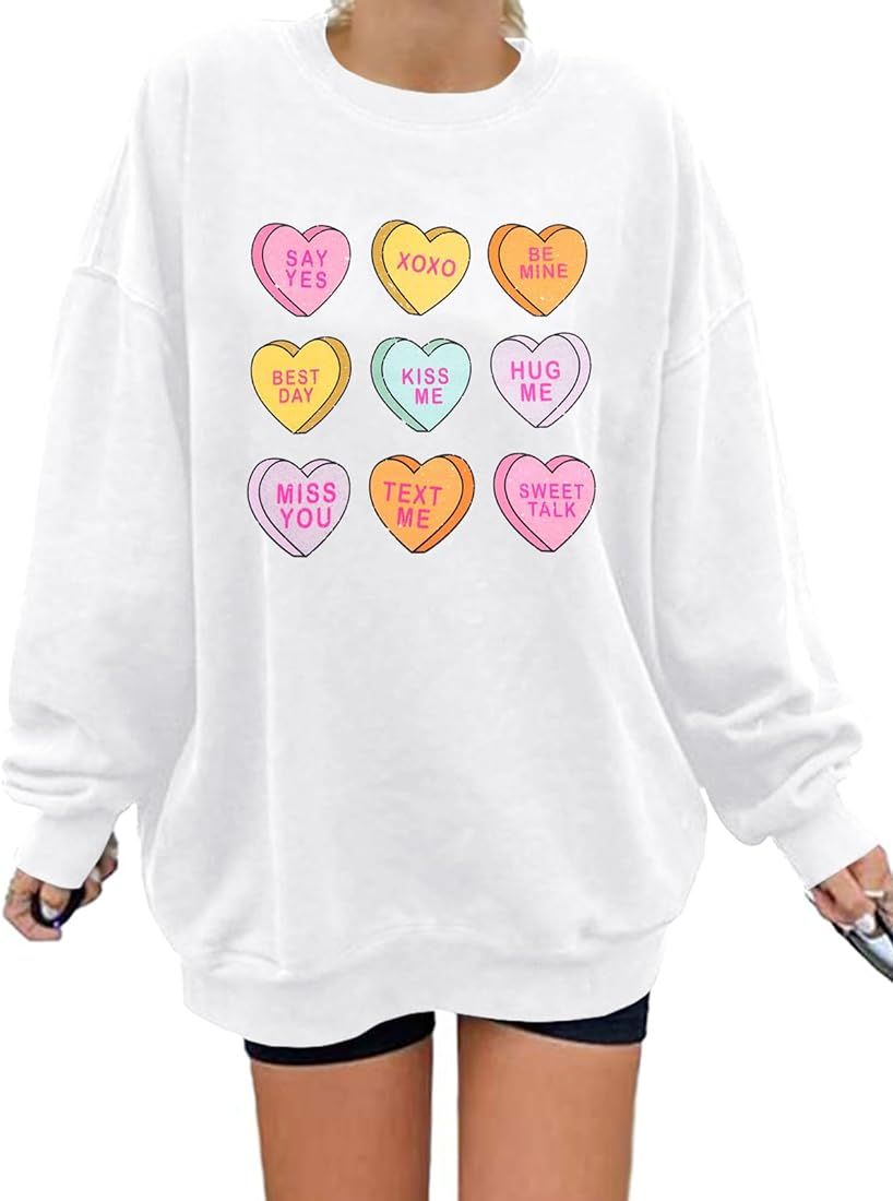 JINTING Valentine Sweatshirt Women Oversized Hearts Long Sleeve Shirt Conversation Heart Sweatshi... | Amazon (US)