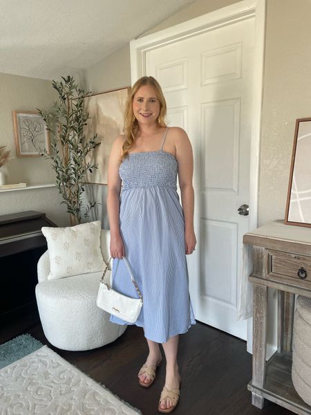 Summer Dress // Time and Tru Women's Smocked Bodice Midi Dress with Side Slits, Size Medium, Walmart fashion, Walmart style, Walmart finds, Walmart dress, Affordable by Amanda 