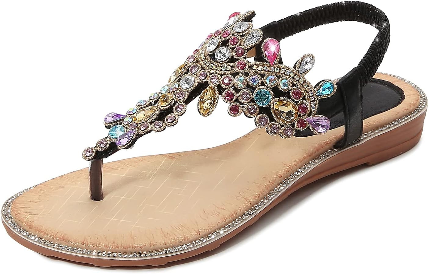 iCKER Women Rhinestone Sandals T-Strap Buckle Bohemian Pearl Crystal Flat Sandals | Amazon (US)