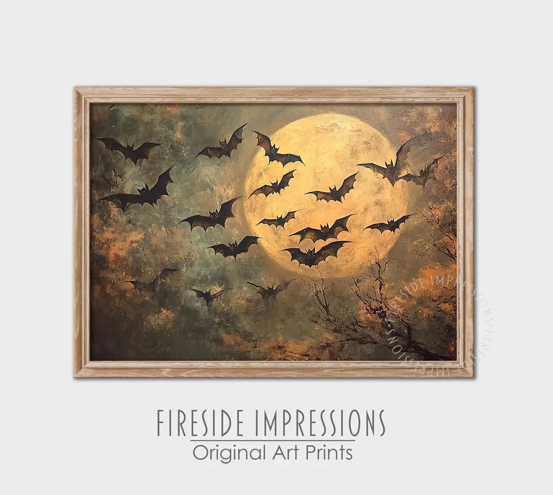 Spooky Bats Full Moon Vintage Halloween Art Print (digital Download) - Etsy | Etsy (US)