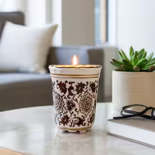 5 in. Brown and White Ceramic Jasmine Scented Fluted Chinoiserie Candle, 7 oz. | The Home Depot