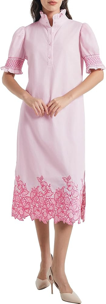 Womens Casual Shirt Dress Button Down Short Sleeve Midi Dress Flower Embroidery Slit Spring Summe... | Amazon (US)