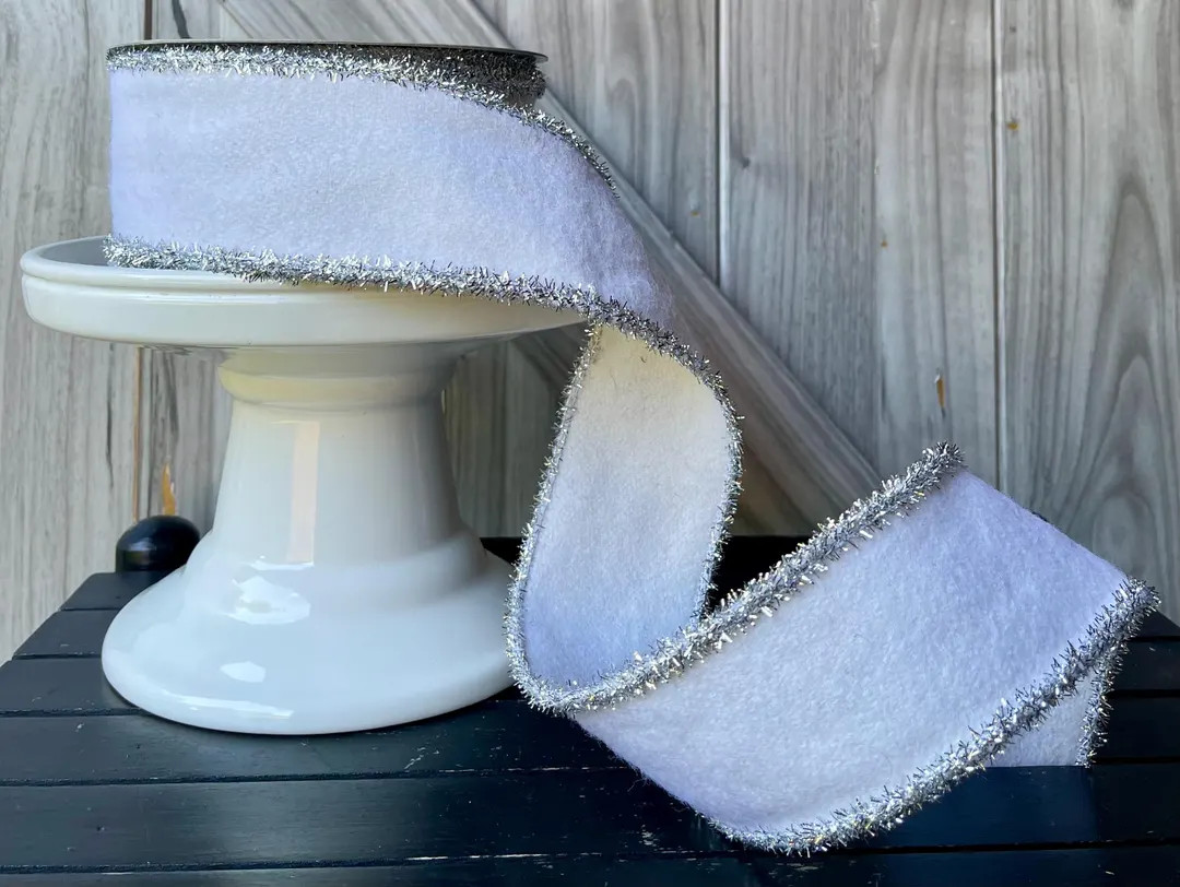 10 Yards, 2.5 Inch Wired Ribbon, Winter White Ribbon, Felt Ribbon, Silver Tinsel Ribbon, Christma... | Etsy (US)