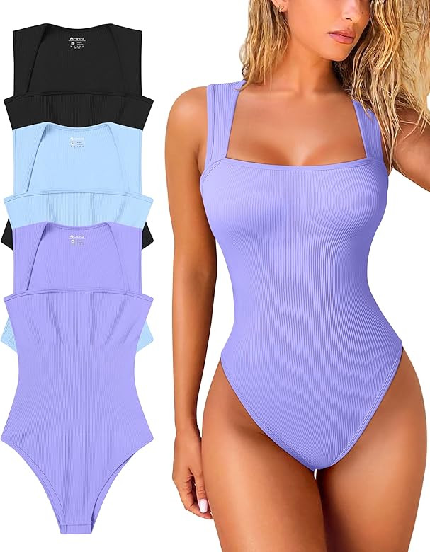 OQQ Women's 3 Piece Bodysuits Sexy Ribbed Strappy Square Neck Sleeveless Tummy Control Tank Tops ... | Amazon (US)
