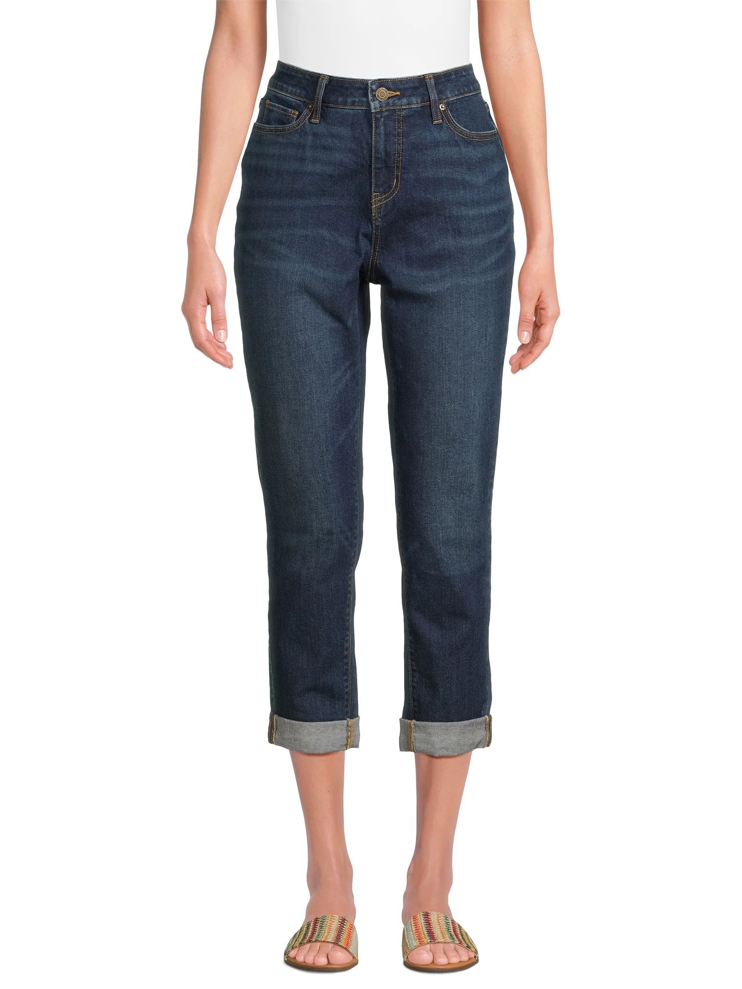 Time and Tru Women's Mid Rise Cropped Boyfriend Jeans with Rolled Cuffs, 26” Inseam, Sizes 2-20... | Walmart (US)