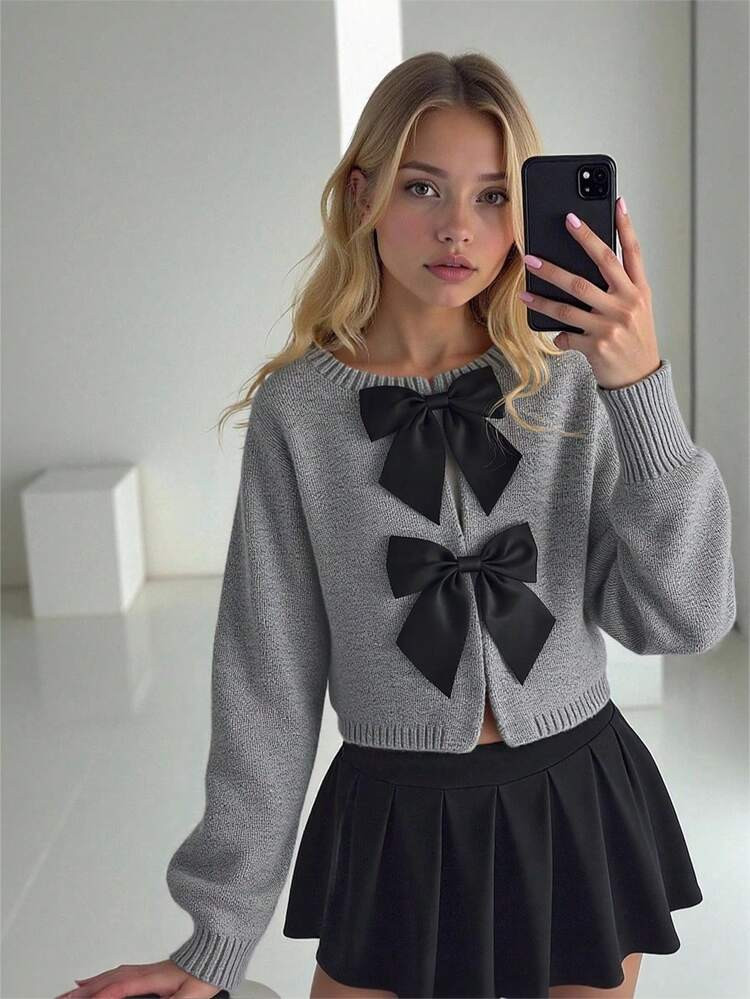 SHEIN Explorewe Girls' Fashionable Handmade Bow Knitted Cardigan, Long Sleeve Kids Cardigan For Girls Kids Sweaters For Girls Button Girl Clothes Autumn And Winter Clothes Bow Clothes For Girls Kids Grey Girl Jacket | SHEIN