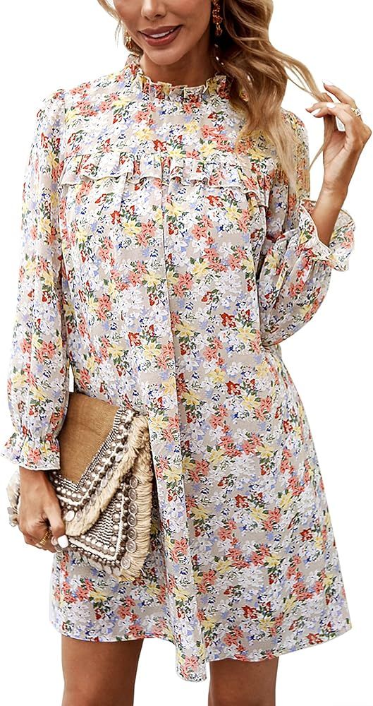 KIRUNDO Dresses for Women 2022 Fall Ruffle Long Sleeve Mock Neck Flowy Chiffon Floral Print Mini Dre | Amazon (US)