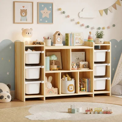 Solid Pine Wood Kids Bookshelf Toy Storage Organizer with 8 Shelves & 6 Removable Bins, Montessori Bookcase for Playroom, Nursery & Kids Room | Wayfair North America