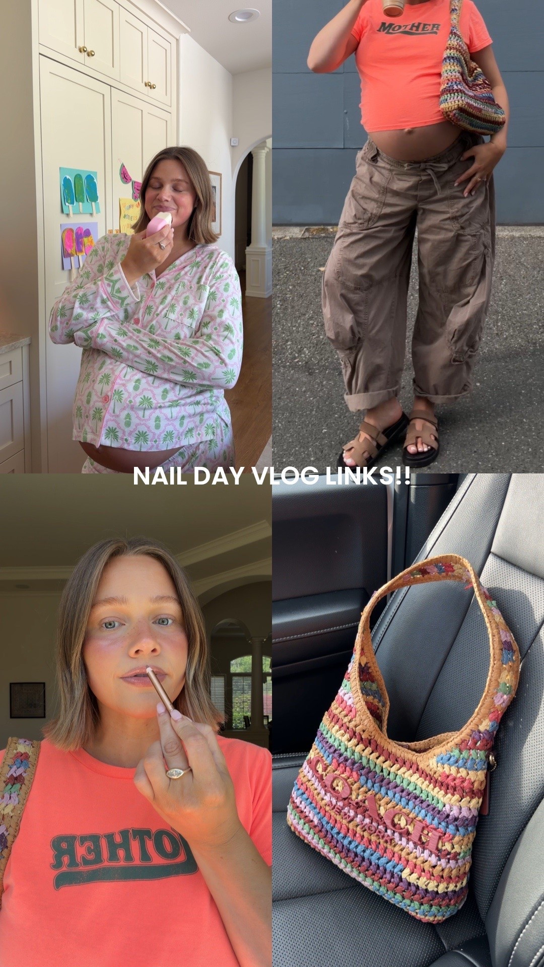 Free people pants size large (end of 3rd trimester so I went up one size) Mother tee runs big wearing a medium it’s so vibrant and cute! Lip liner: Iconic nude + gloss: Fig 👌🏼 pajamas size large went up one for pregnancy they’re super soft. Sandals size up 1/2. Coach bag is gorgeous perfect for summer!! 

#coachbrooklyn #coachbag #summerstyle #bresheppard #diml #dayinmylife #freepeople #pregnancystyle #bumpstyle

#LTKdayinmylife
