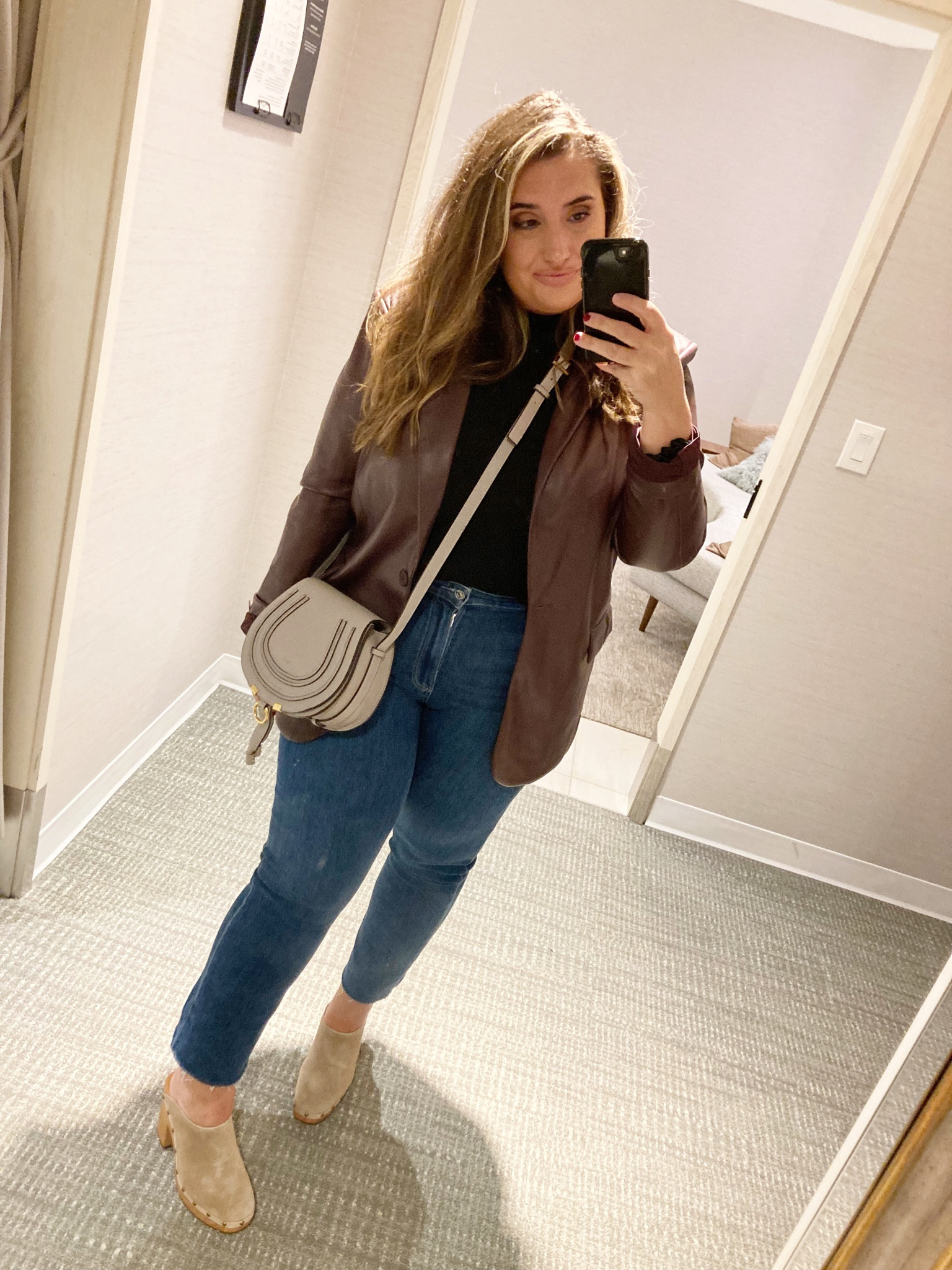 Faux leather, clogs, straight jeans, Chloe bag, bodysuit, fall outfits, fall 