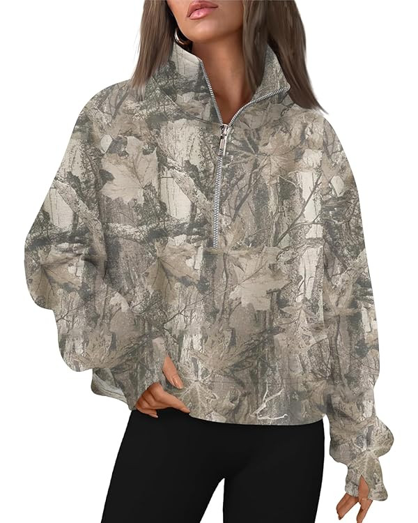 Womens Camo Half Zip Hoodies Fleece Cropped Pullover Sweatshirts Quarter Zipper Fall Winter Outfi... | Amazon (US)