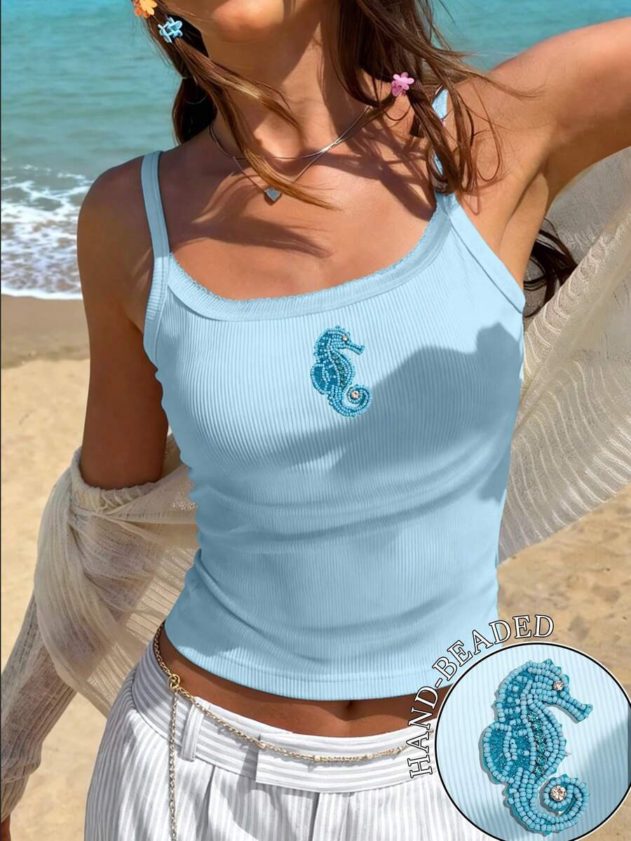 Y2K Style Light Blue Ribbed Knit Camisole Top, Handmade Beaded Seahorse Decor, Cropped Fitted Vac... | SHEIN