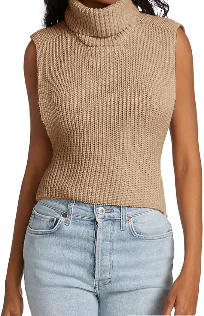 Womens Sleeveless Sweater Vest Turtleneck Ribbed Knit Tank Tops Basic Slim Fit Top | Amazon (US)