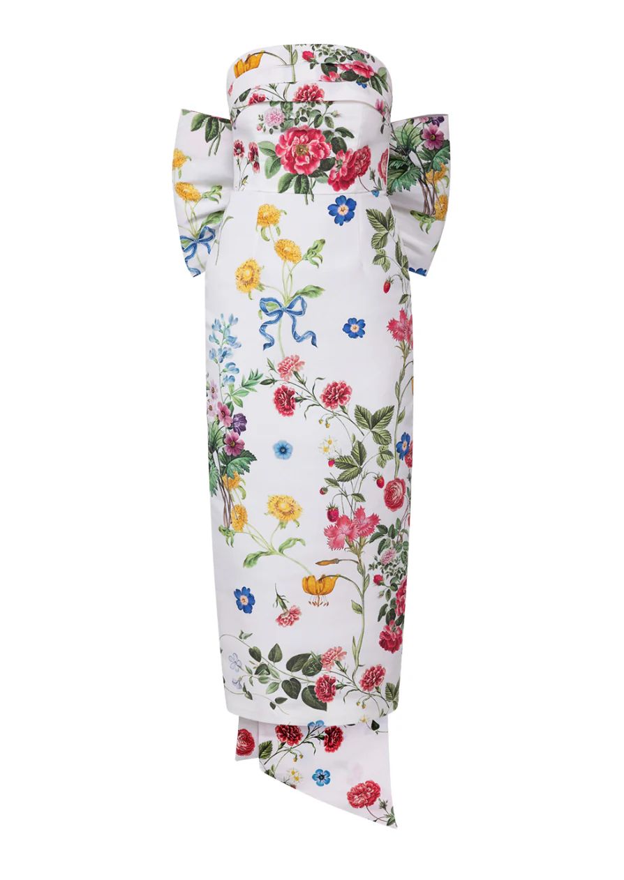 Margaret Sky Floral Silk Faille Midi Dress in White | Over The Moon