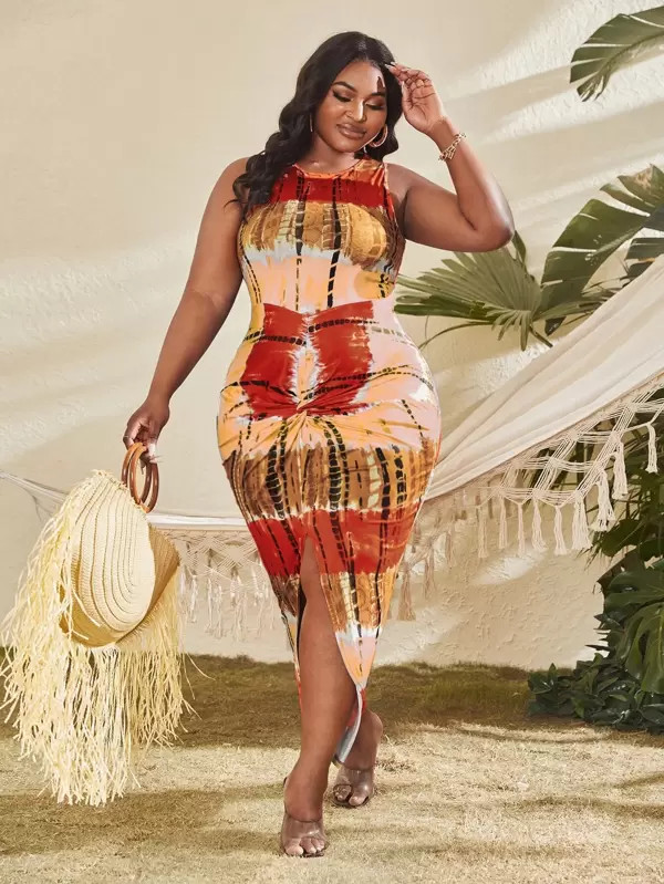 SHEIN Slayr Plus Tie Dye Twist Detail Split Thigh Dress | SHEIN