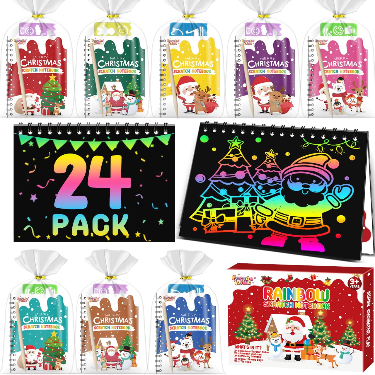Party Favors for Kids: 24 Pack Christmas Rainbow Scratch Art Notebook Classroom School Supplies B... | Amazon (US)