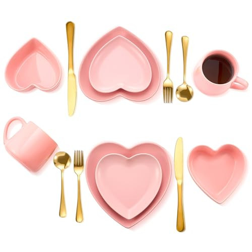 Suclain 14 Pcs Heart Shaped Dish Set Valentine's Day Include 4 Matte Heart Shaped Ceramic Dinner Plate, 2 Pink Bowls, 2 Ceramic Coffee Mug, 6 Gold Cutlery Set for Party(Pink) | Amazon (US)