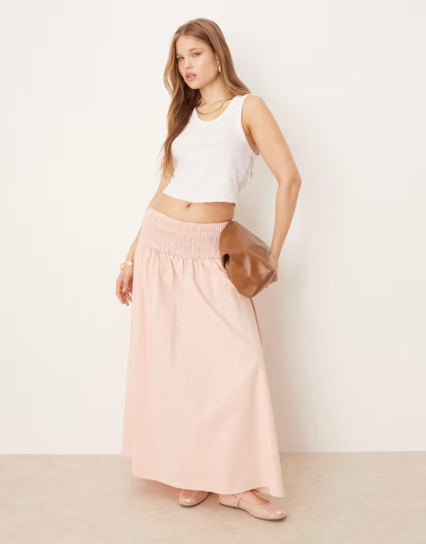 ASOS DESIGN shirred waist maxi skirt in pink | ASOS (Global)