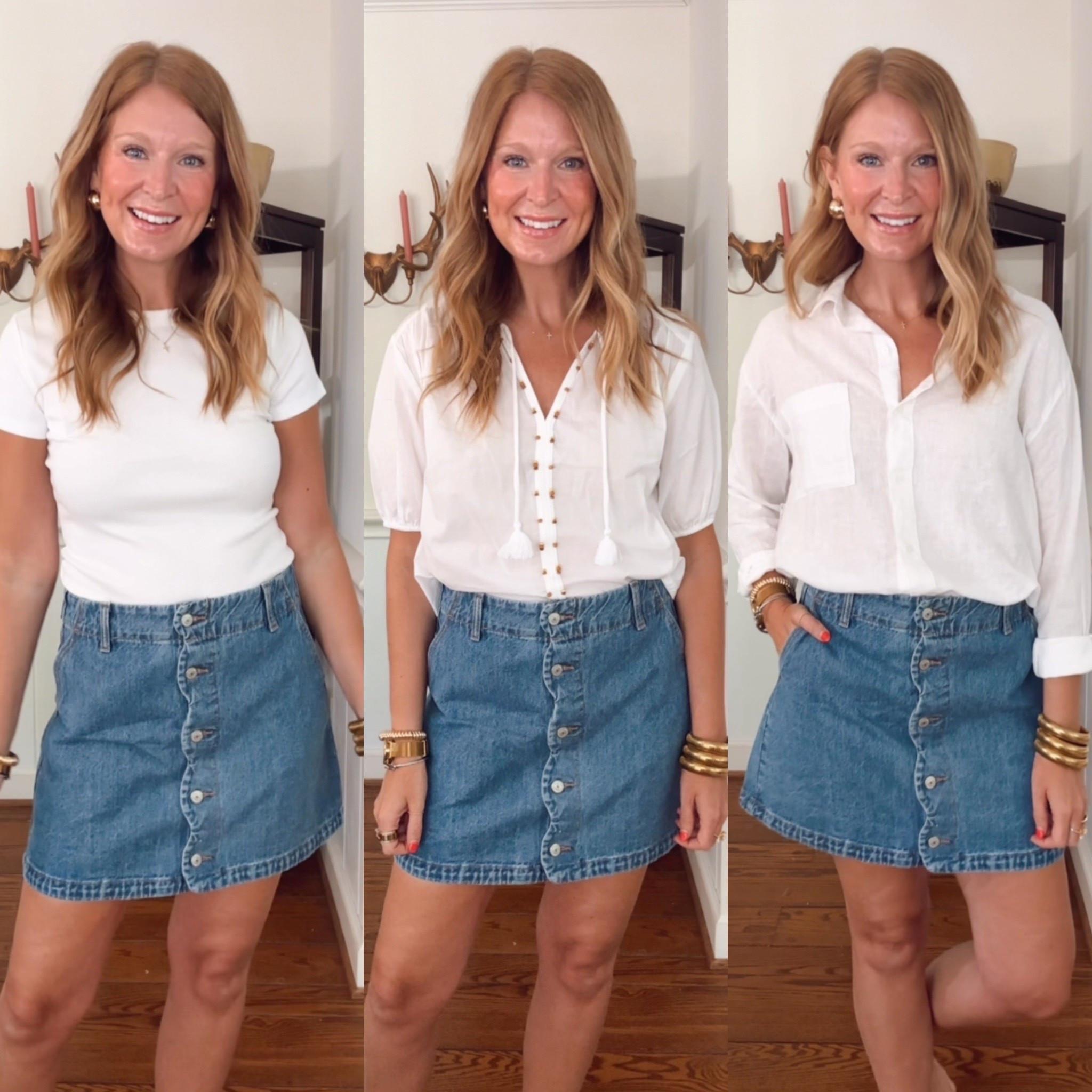 The cutest new denim skirt from Old Navy. Add any of these white tops, also from Old Navy, for a classic, effortless style. 
In size 6 in the skirt and M in the tops. 

#oldnavy #denimskirt #classicstyle #summerstyle