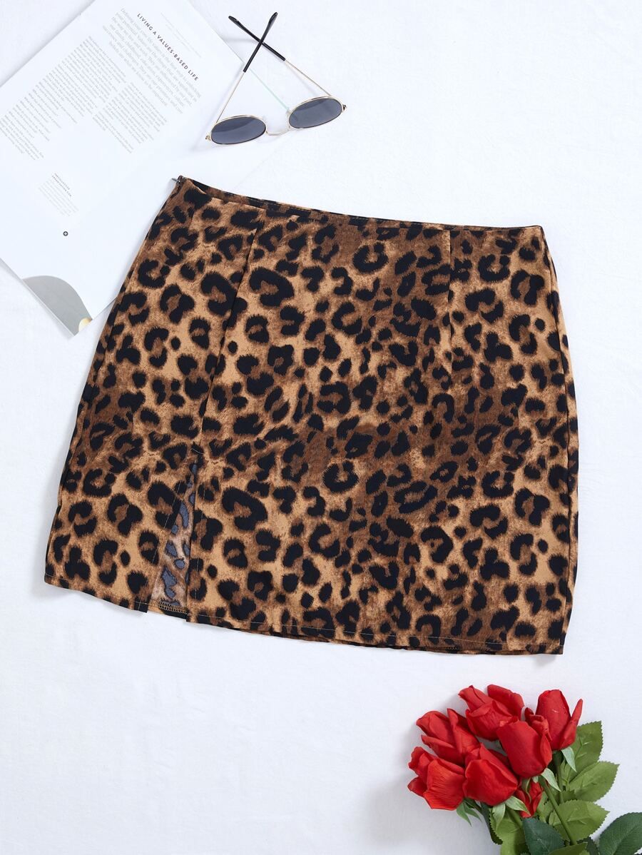 Leopard Print Split Hem Skirt | SHEIN