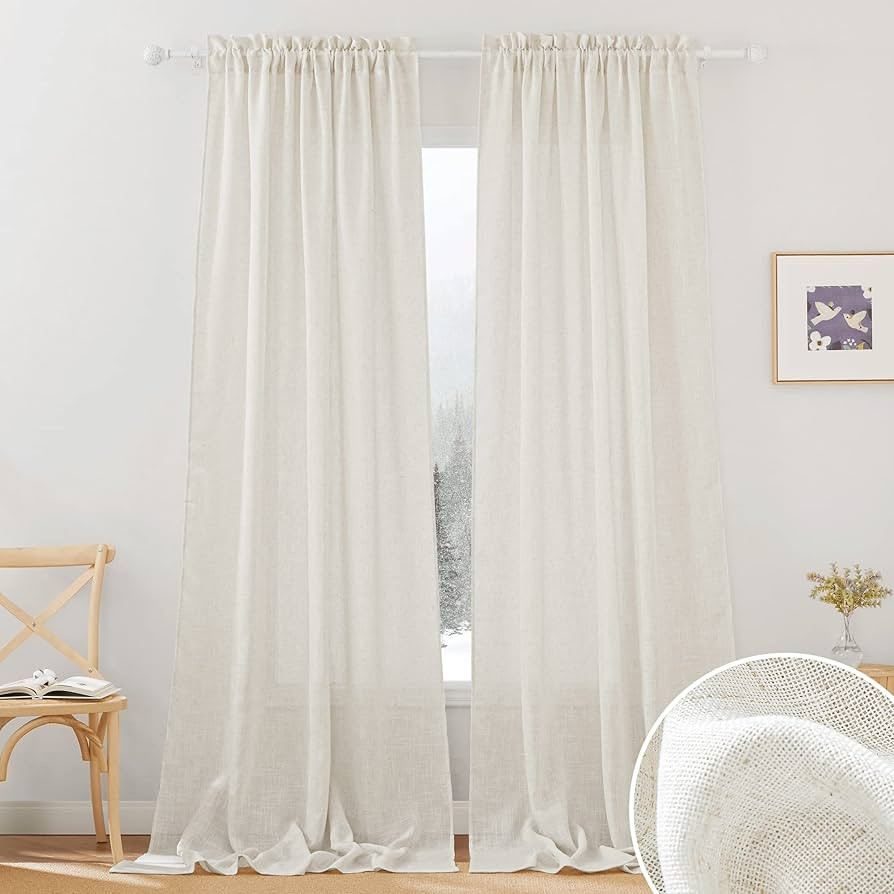 RYB HOME Natural Linen Blend Curtains - Semi Sheer Privacy Window Drapes, Soft Breathable Vintage... | Amazon (US)